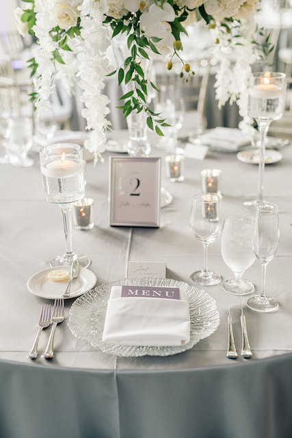 purple silver wedding table